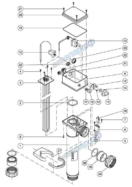 Деталировка электронагревателя пластикового с датчиком потока Pahlen